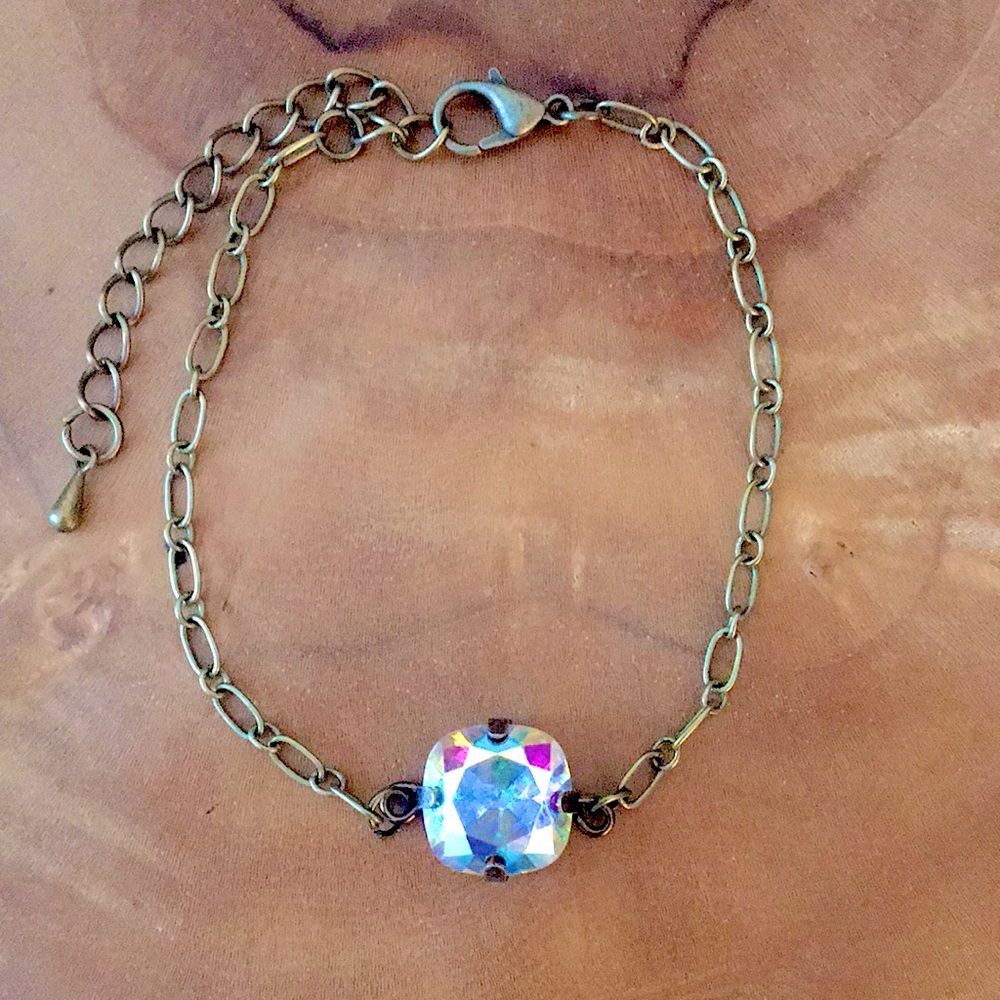Aurora Borealis Cushion Cut Antique Brass Crystal Bracelet - Picture 5 of 11